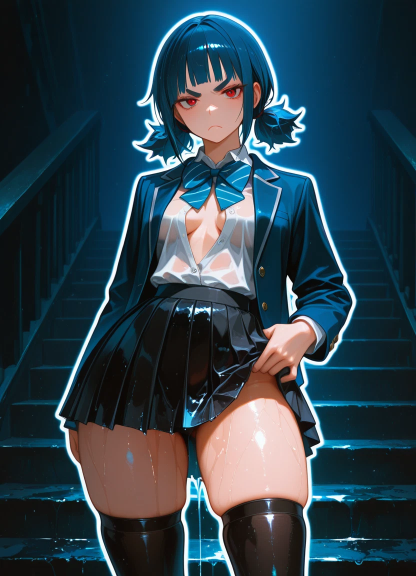 1girl, skirt, solo, skindentation, breasts, thighhighs