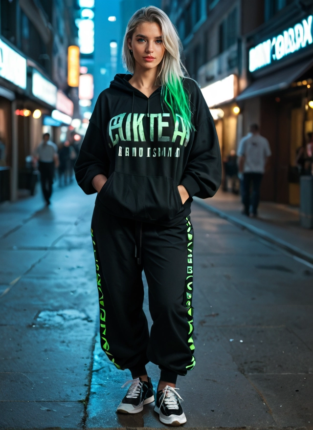 1girl, hood, shoes, hands in pockets, multicolored hair, hoodie · Yamete.gg