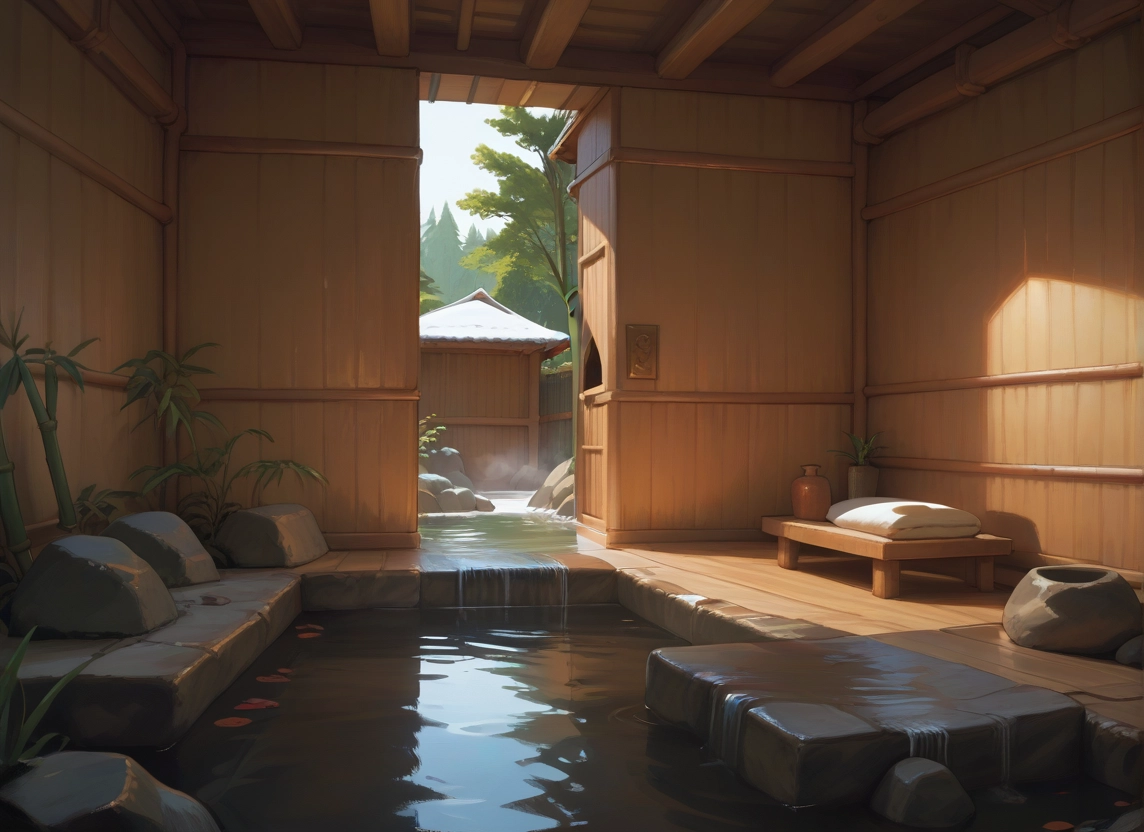 no humans, scenery, water, onsen, tree, rock · Yamete.gg