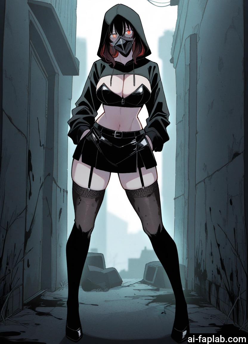 1girl, breasts, thighhighs, hood, mask, solo