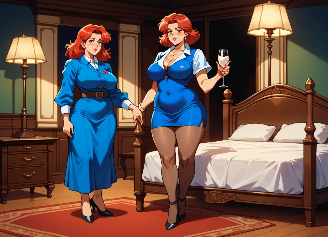 breasts, cup, blue dress, holding cup, bed, jewelry · Yamete.gg