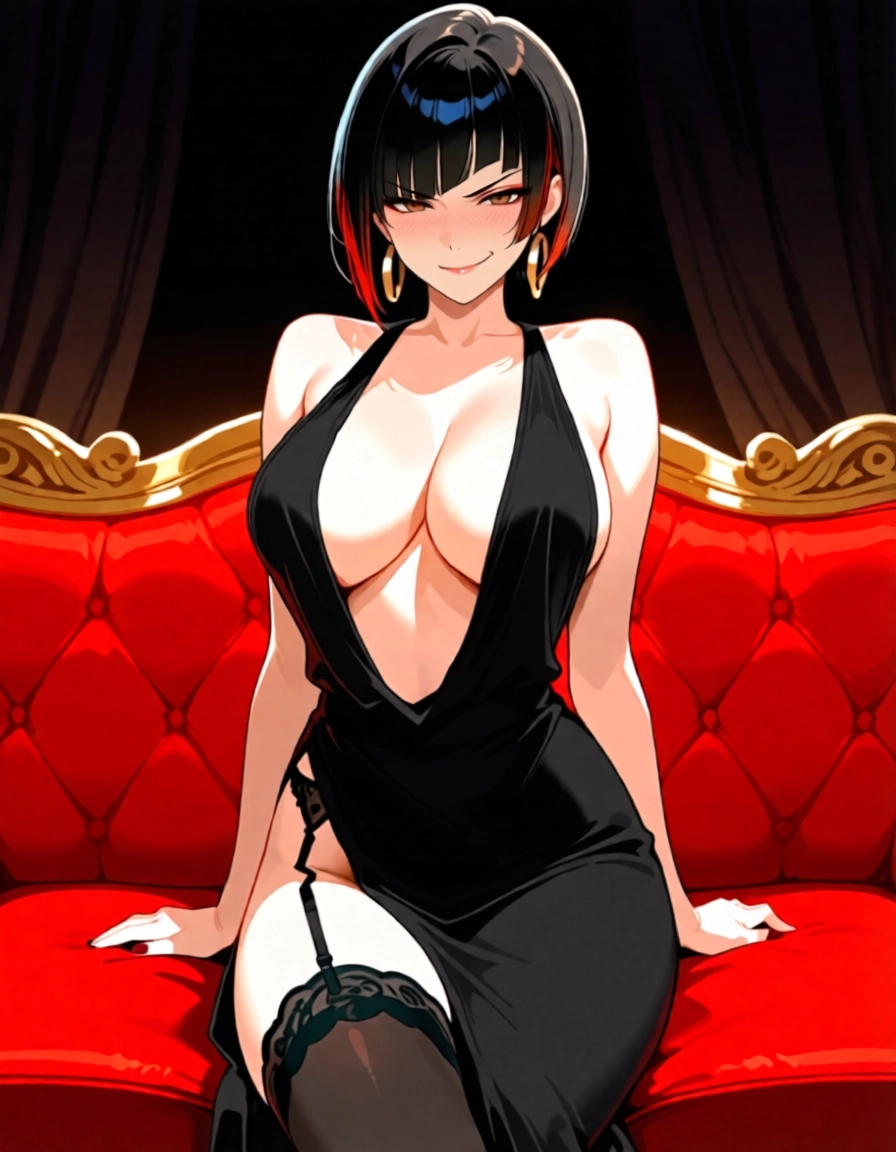 1girl, breasts, solo, black hair, dress, thighhighs · Yamete.gg