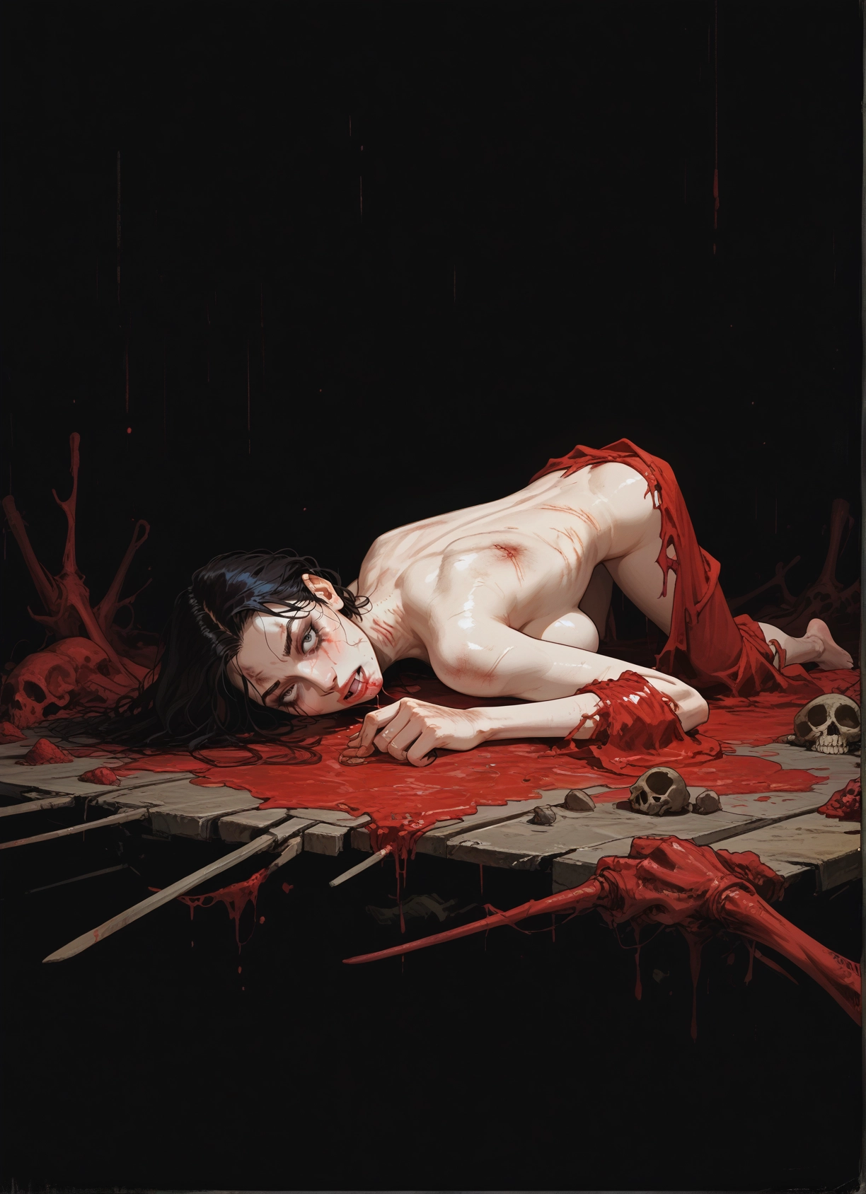 1girl, skull, breasts, black hair, solo, long hair · Yamete.gg
