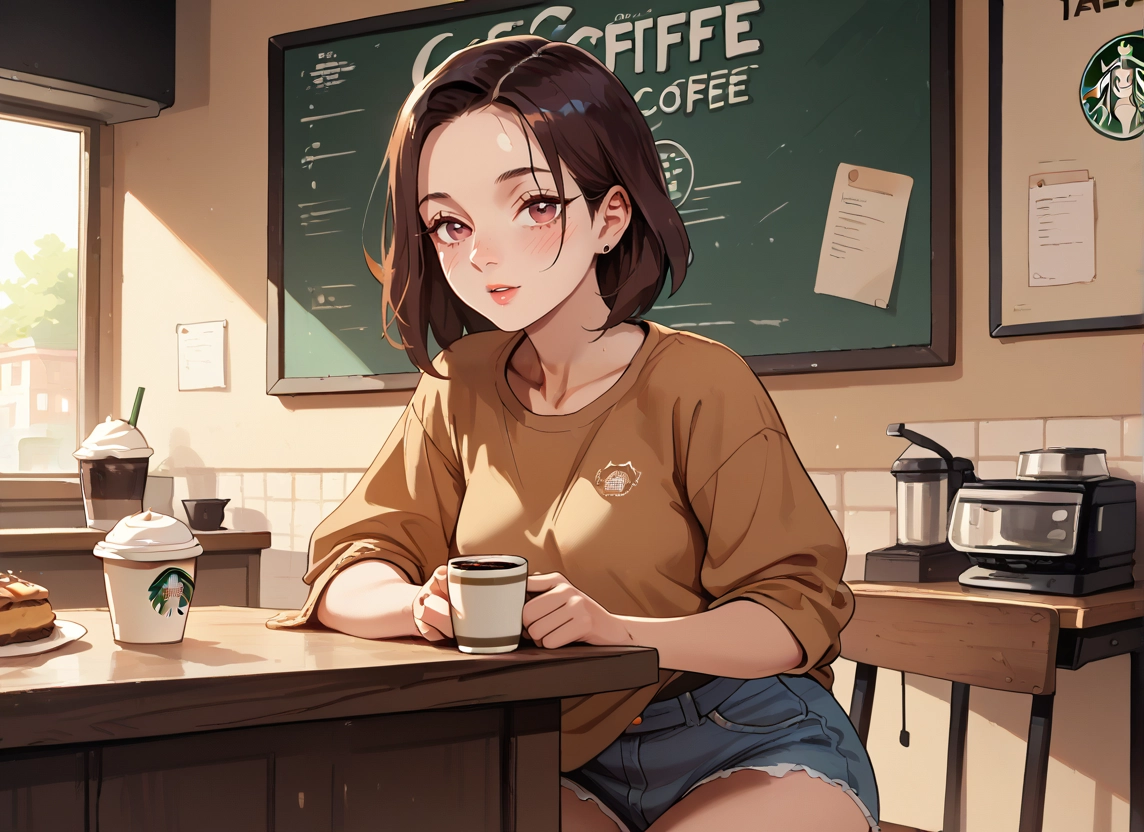 1girl, solo, shorts, cup, coffee, food · Yamete.gg