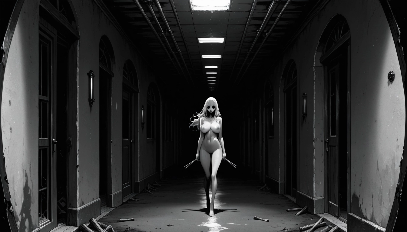 1girl, breasts, solo, long hair, nude, monochrome · Yamete.gg