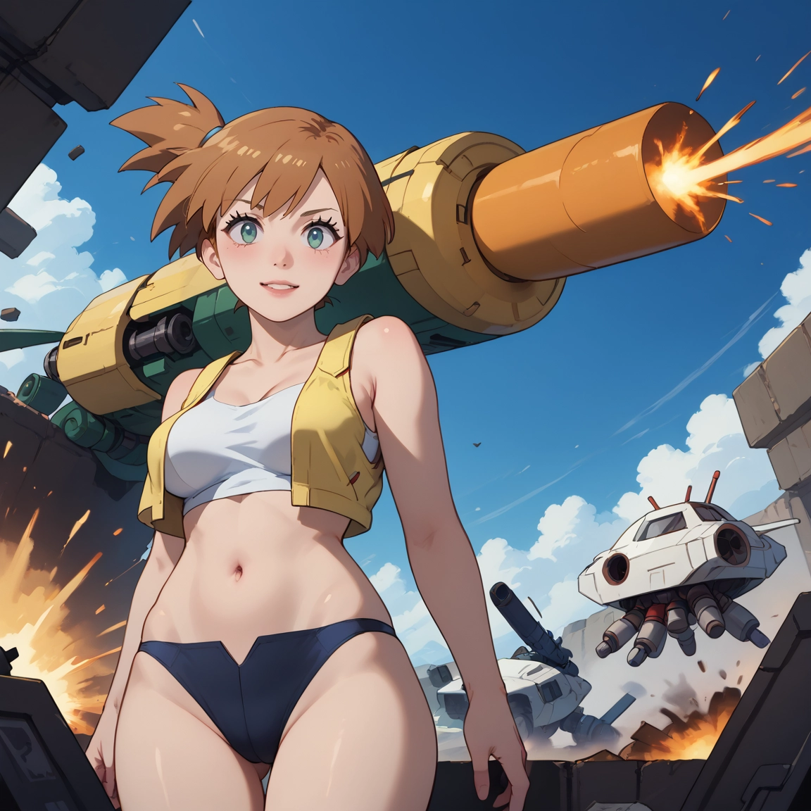 1girl, breasts, navel, side ponytail, sky, smile · Yamete.gg