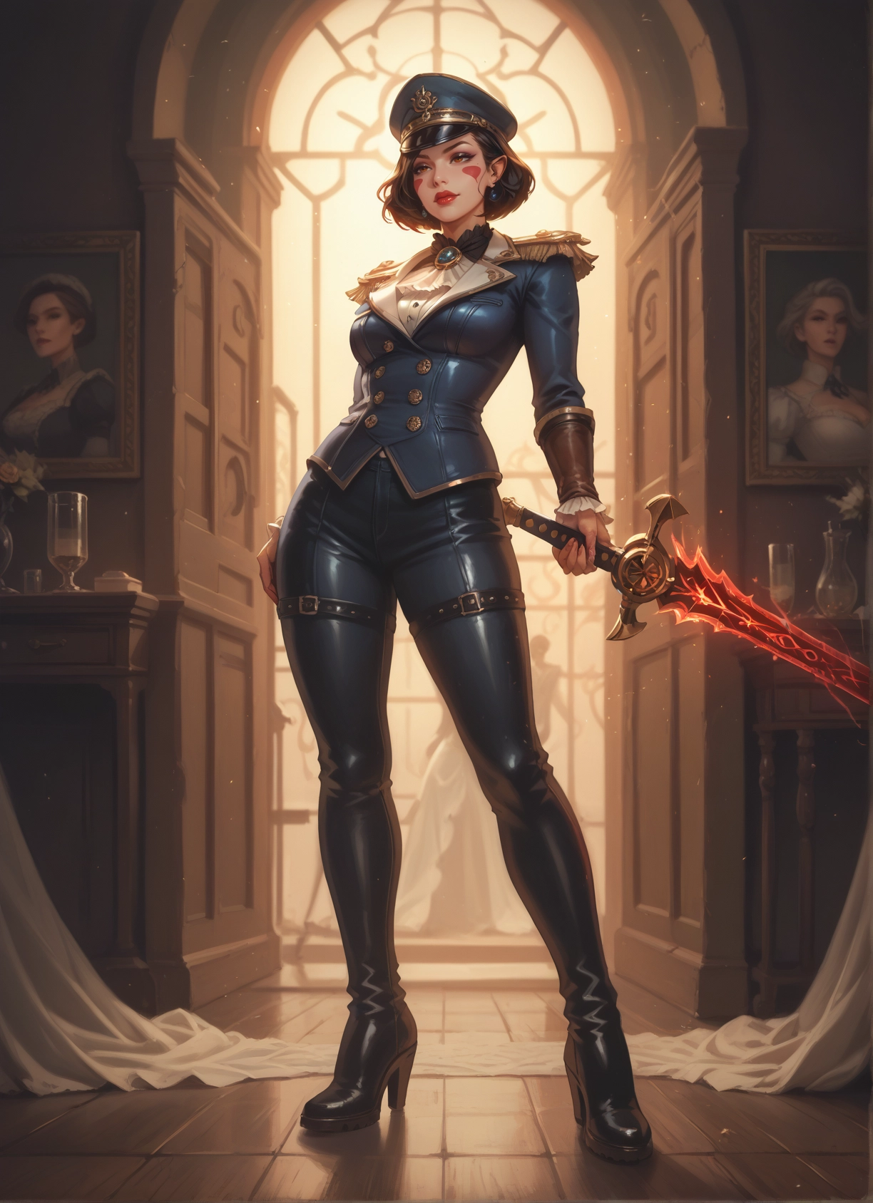 weapon, sword, hat, high heels, 1girl, jewelry · Yamete.gg