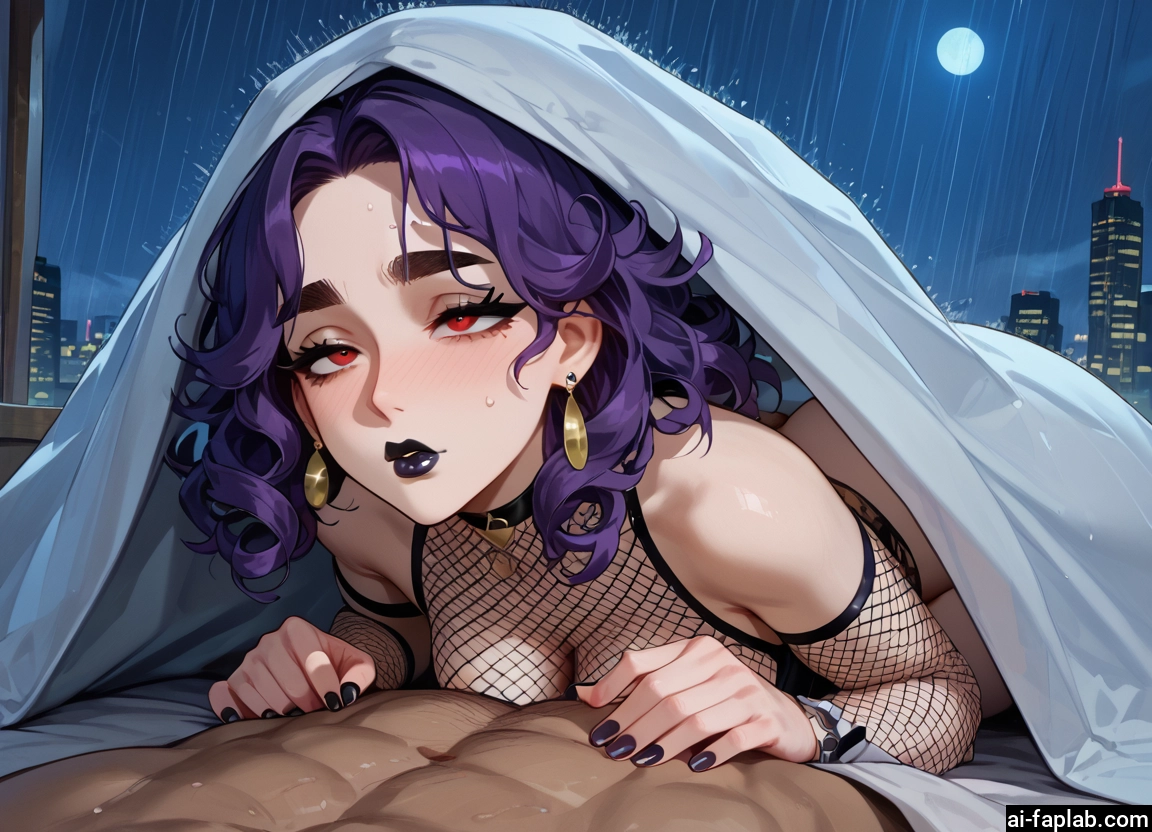 1girl, red eyes, 1boy, purple hair, breasts, jewelry