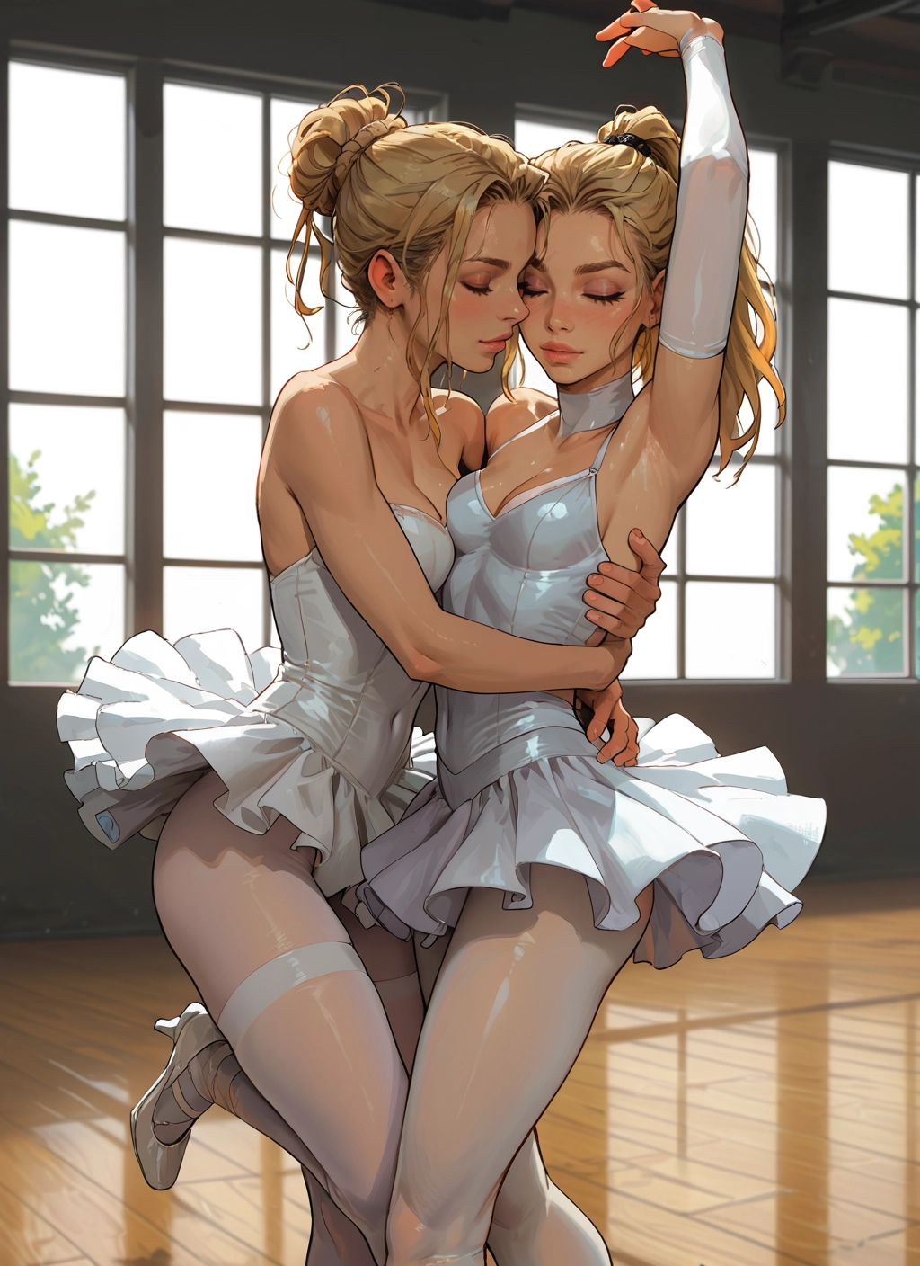 multiple girls, 2girls, blonde hair, breasts, ballerina, white legwear · Yamete.gg