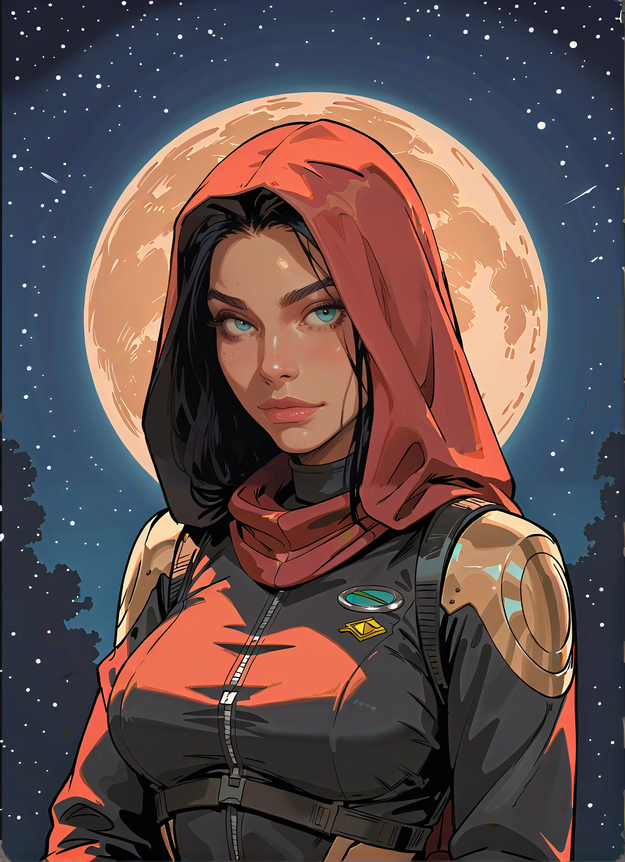 1girl, solo, moon, blue eyes, black hair, hood · Yamete.gg