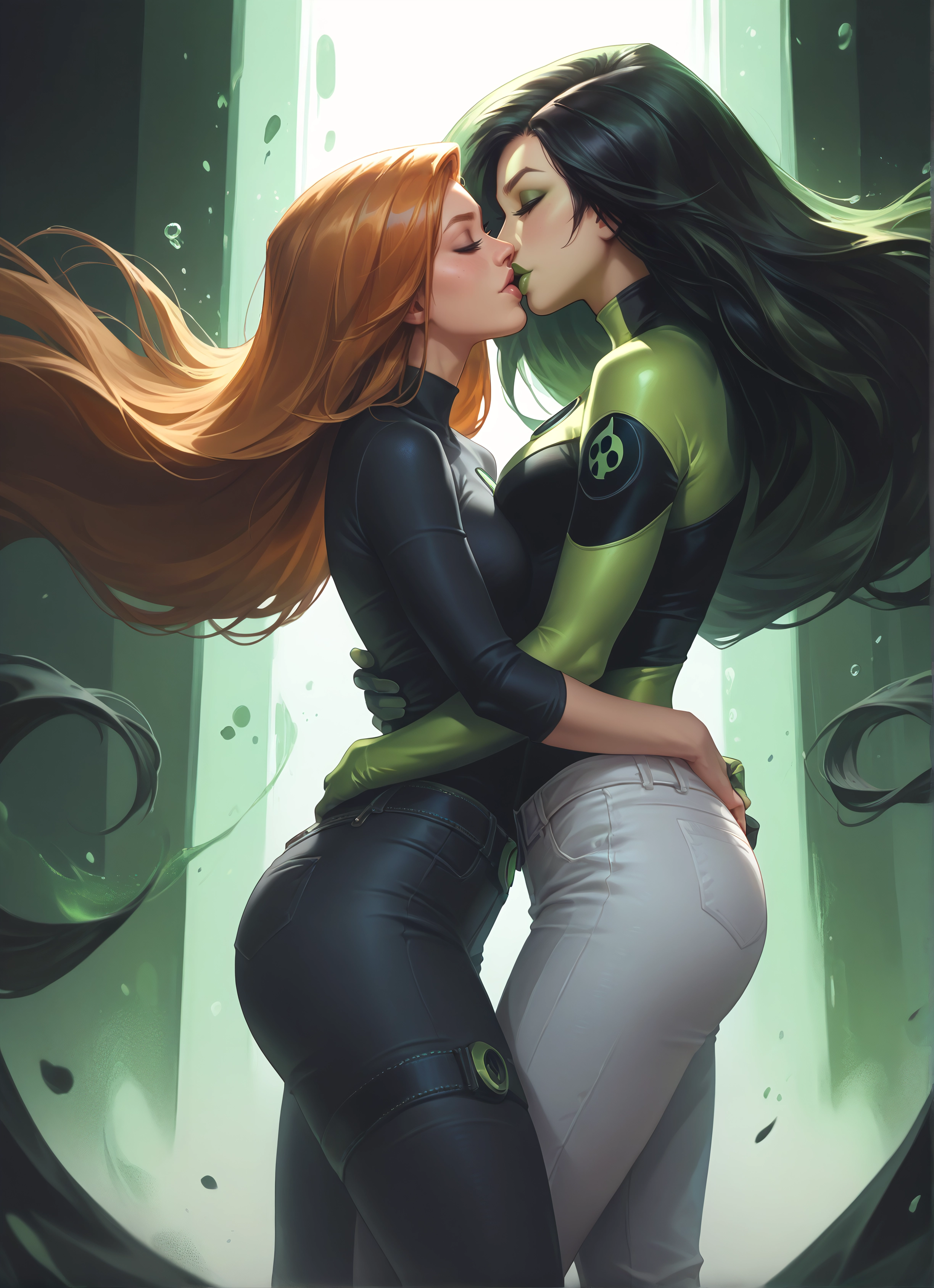 multiple girls, 2girls, long hair, yuri, kiss, closed eyes · Yamete.gg