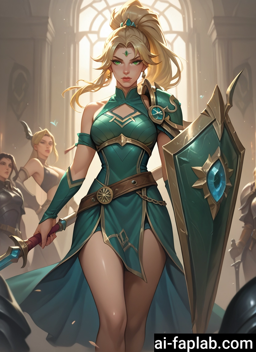 blonde hair, weapon, multiple girls, shield, green eyes, sword · Yamete.gg