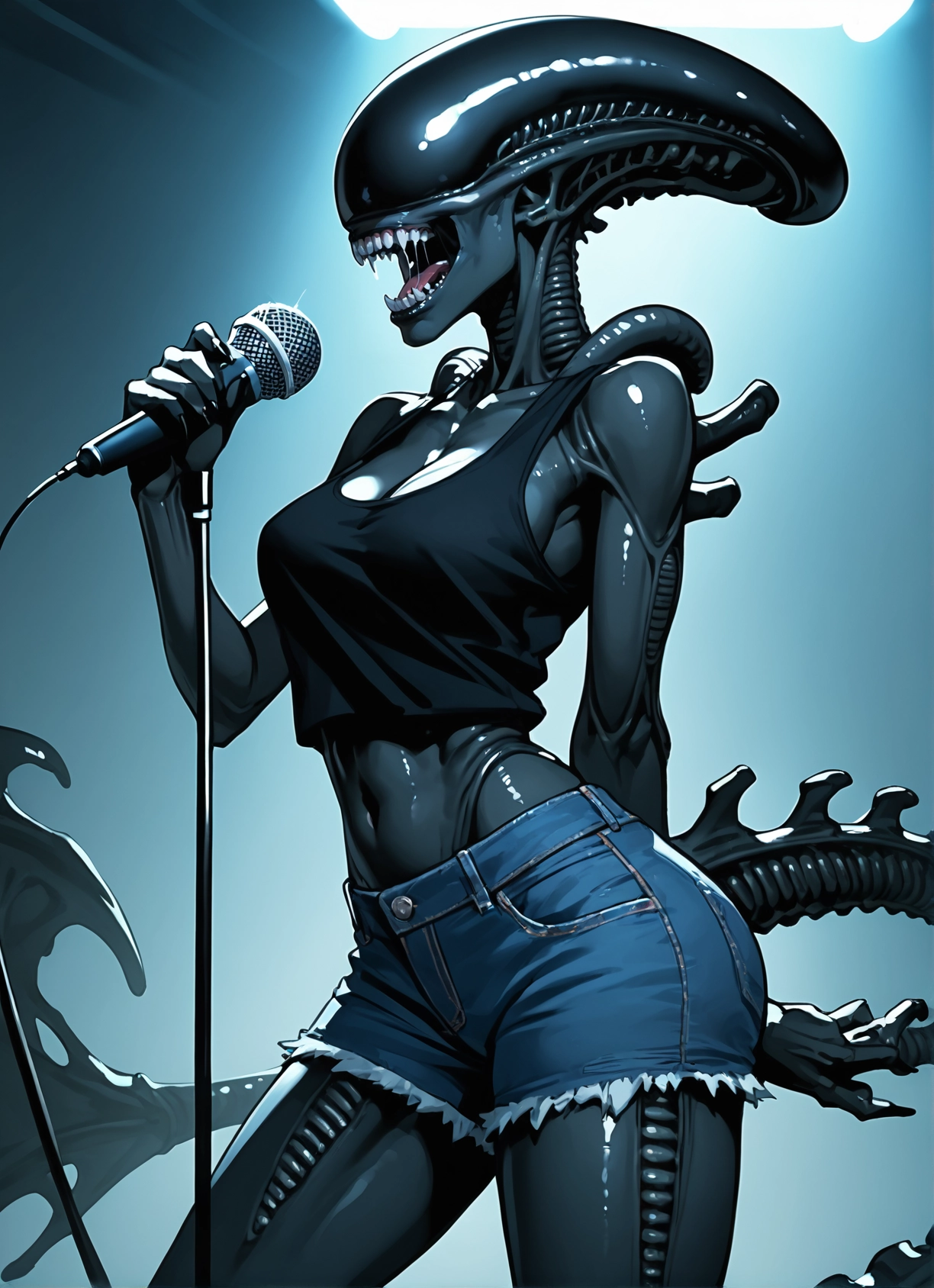 1girl, shorts, microphone, breasts, teeth, monster girl · Yamete.gg