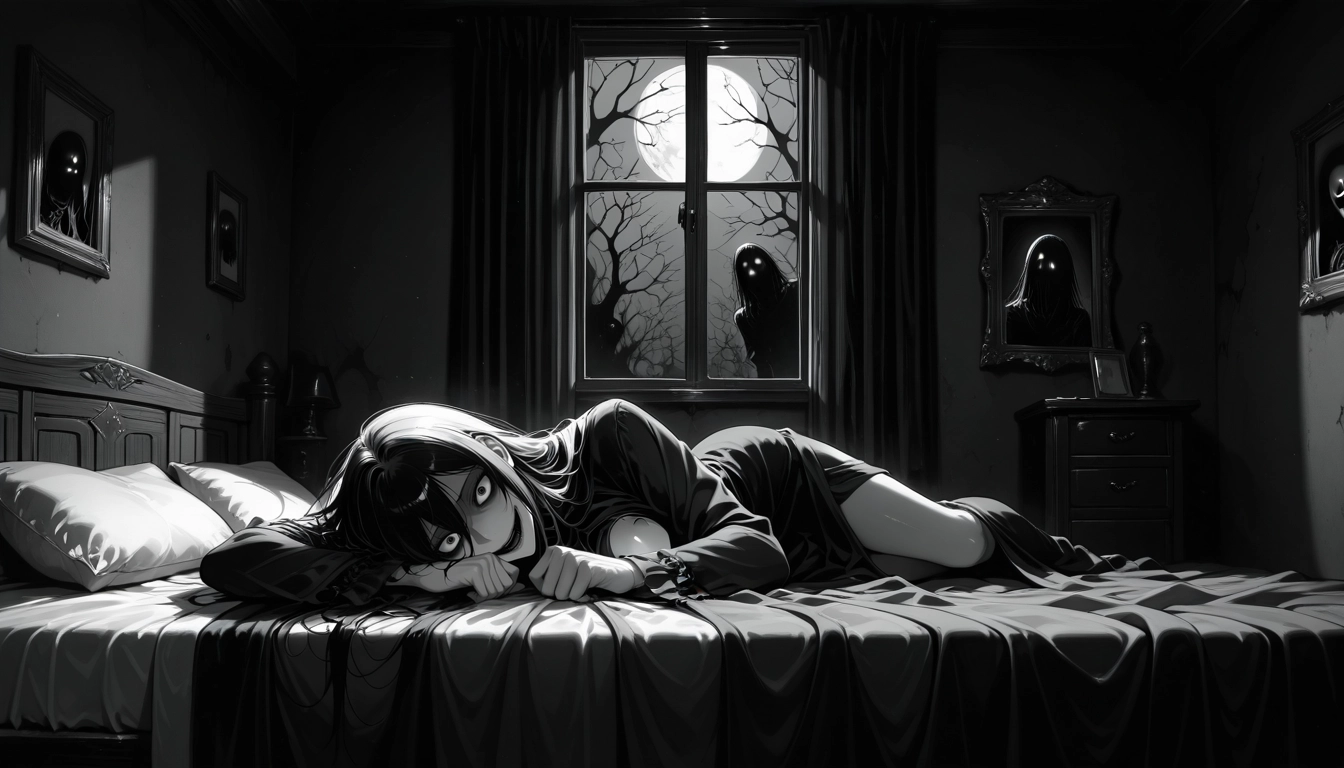 1girl, monochrome, long hair, picture frame, looking at viewer, window · Yamete.gg