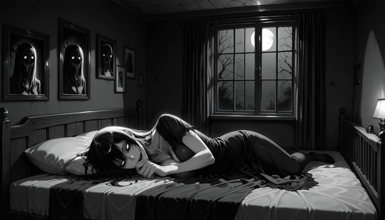 monochrome, indoors, on side, window, long hair, lying · Yamete.gg