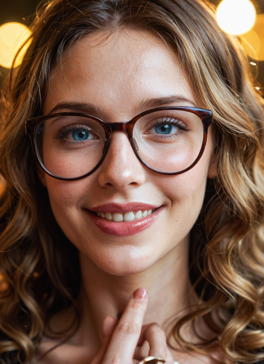 1girl, solo, glasses, blue eyes, smile, freckles · Yamete.gg