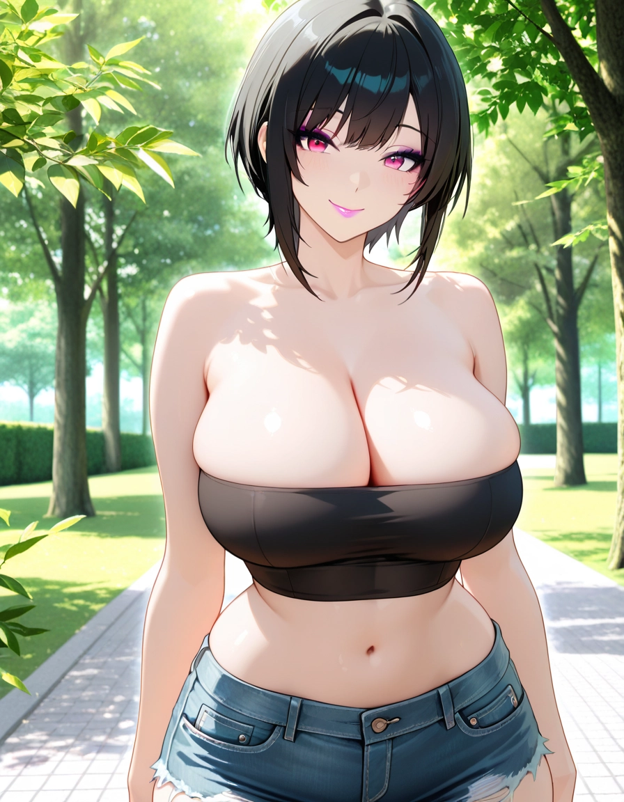 1girl, breasts, solo, shorts, denim, black hair · Yamete.gg