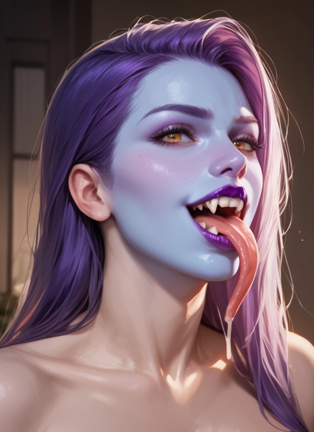 1girl, solo, tongue, tongue out, teeth, colored skin