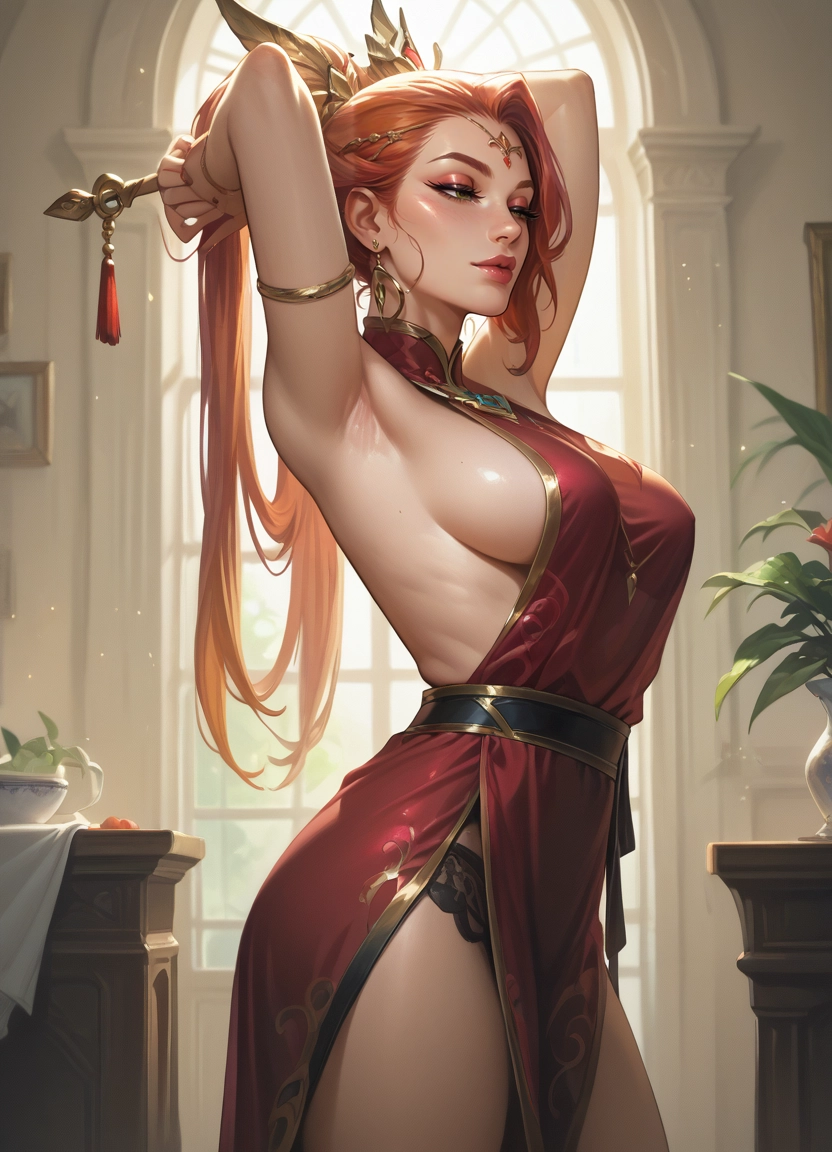 1girl, breasts, red dress, armpits, sideboob, dress
