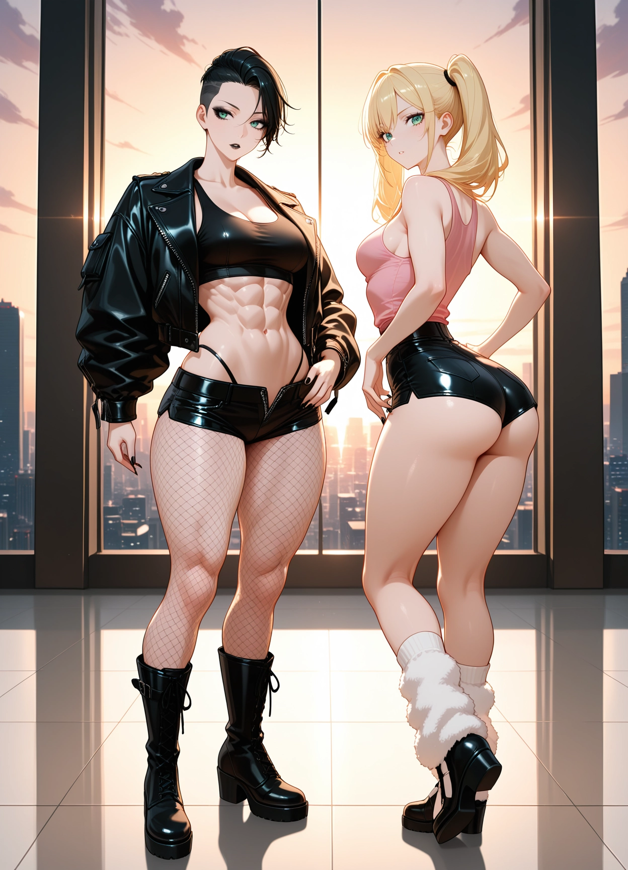 shorts, multiple girls, breasts, 2girls, fishnets, leather