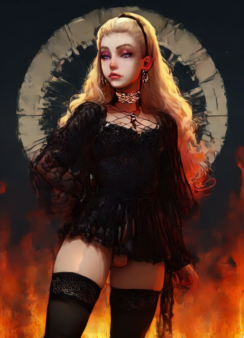 solo, thighhighs, jewelry, blonde hair, earrings, makeup · Yamete.gg