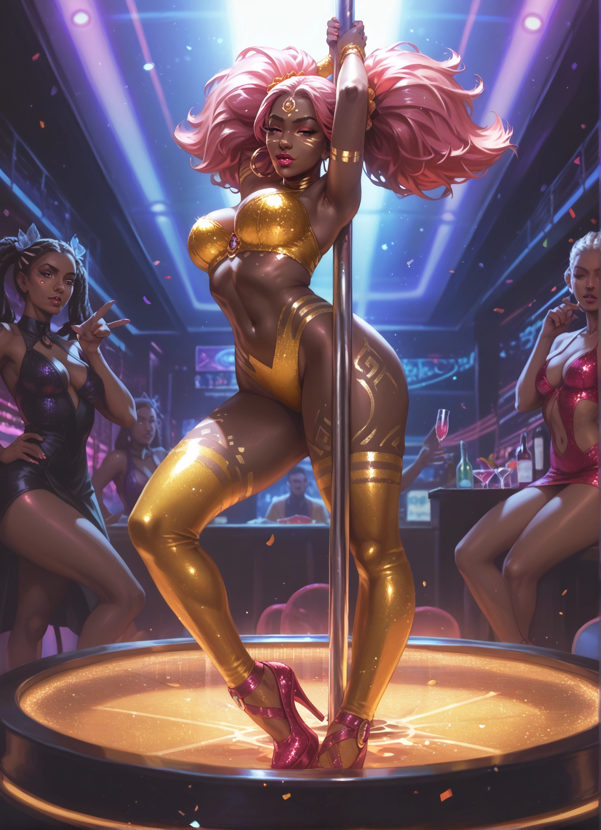 multiple girls, breasts, high heels, pink hair, twintails, stripper pole · Yamete.gg