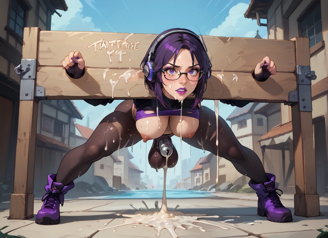 futanari, cum, breasts, glasses, penis, pillory · Yamete.gg