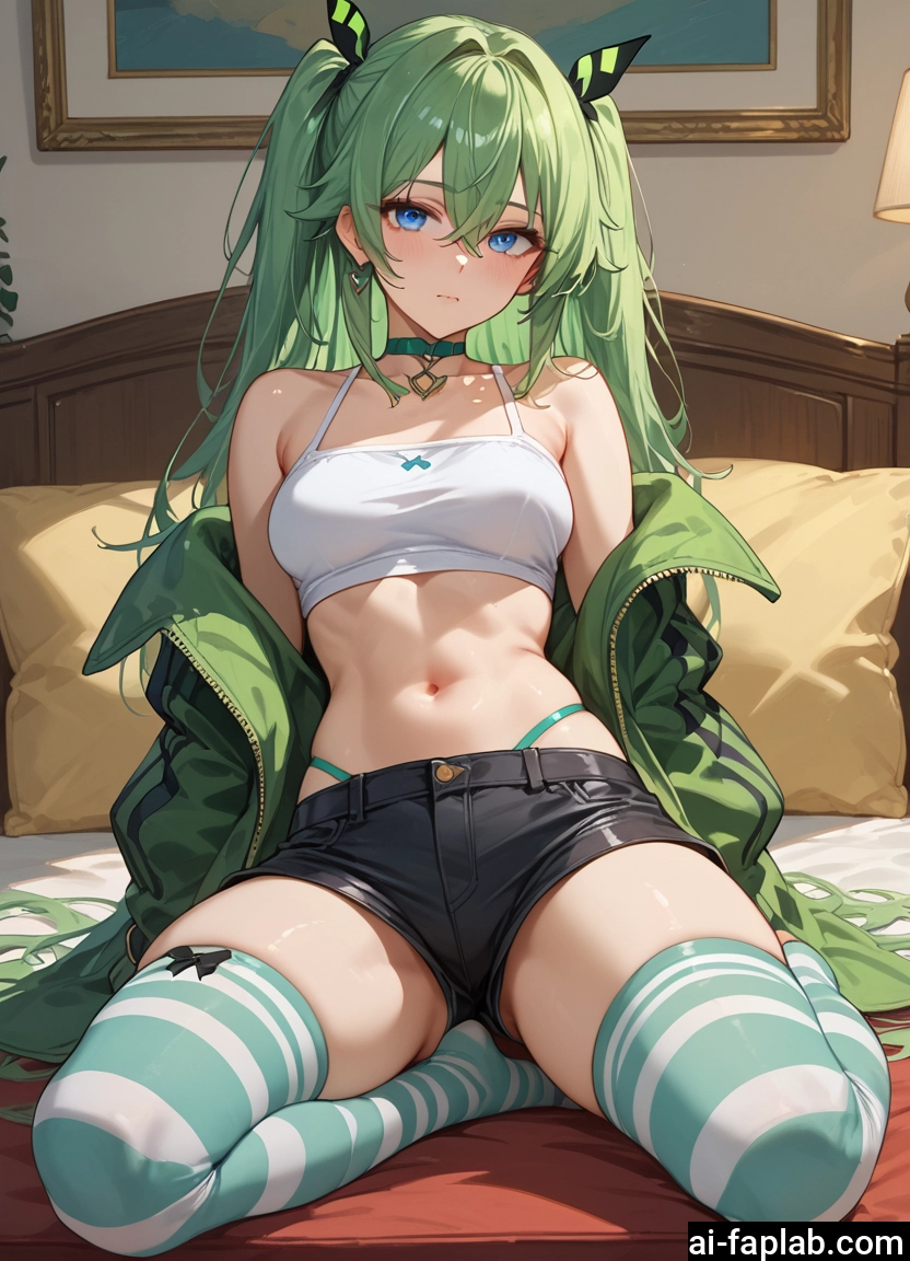 1girl, solo, shorts, thighhighs, navel, blue eyes