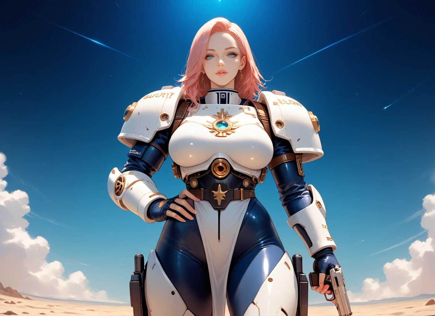 1girl, weapon, gun, pink hair, solo, jewelry · Yamete.gg