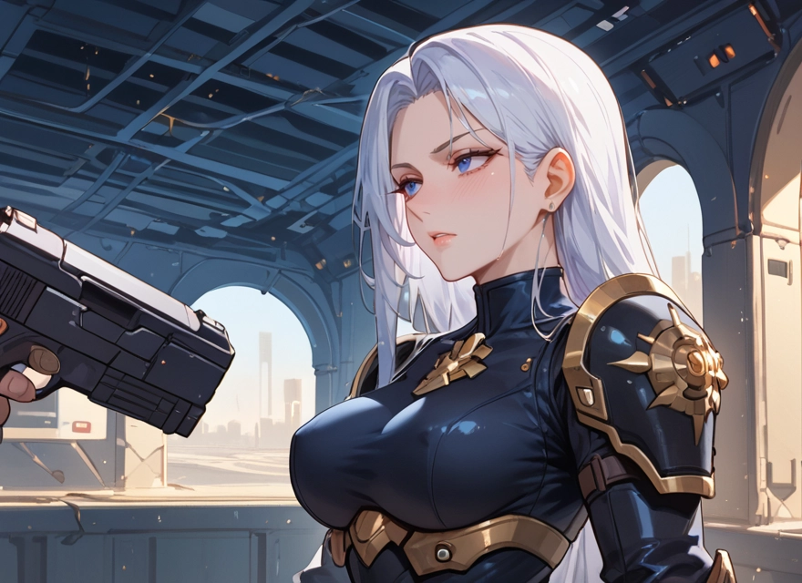 1girl, weapon, gun, breasts, blue eyes, long hair