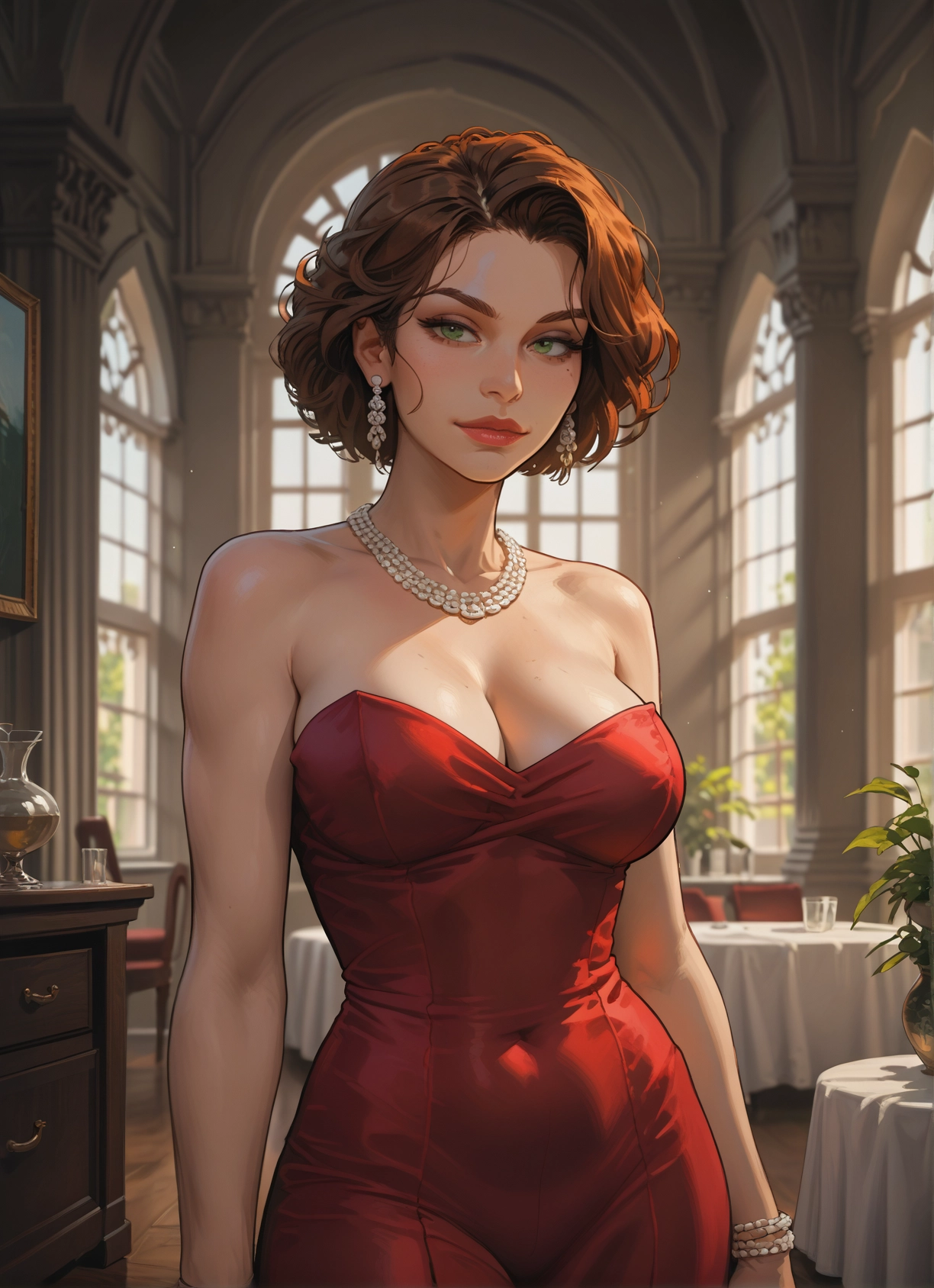 1girl, breasts, jewelry, dress, green eyes, earrings · Yamete.gg