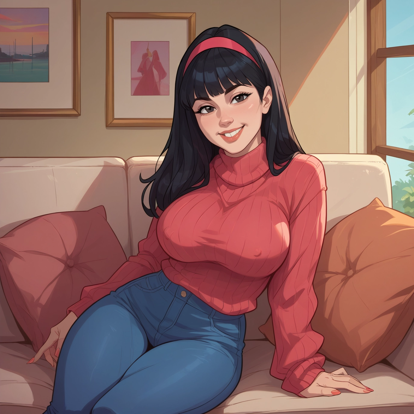 1girl, breasts, sweater, pants, black hair, hairband · Yamete.gg