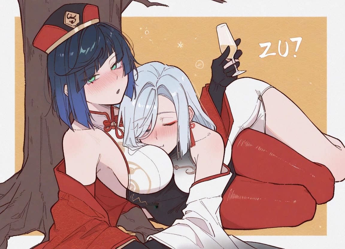 multiple girls, 2girls, blush, drunk, breasts, cup