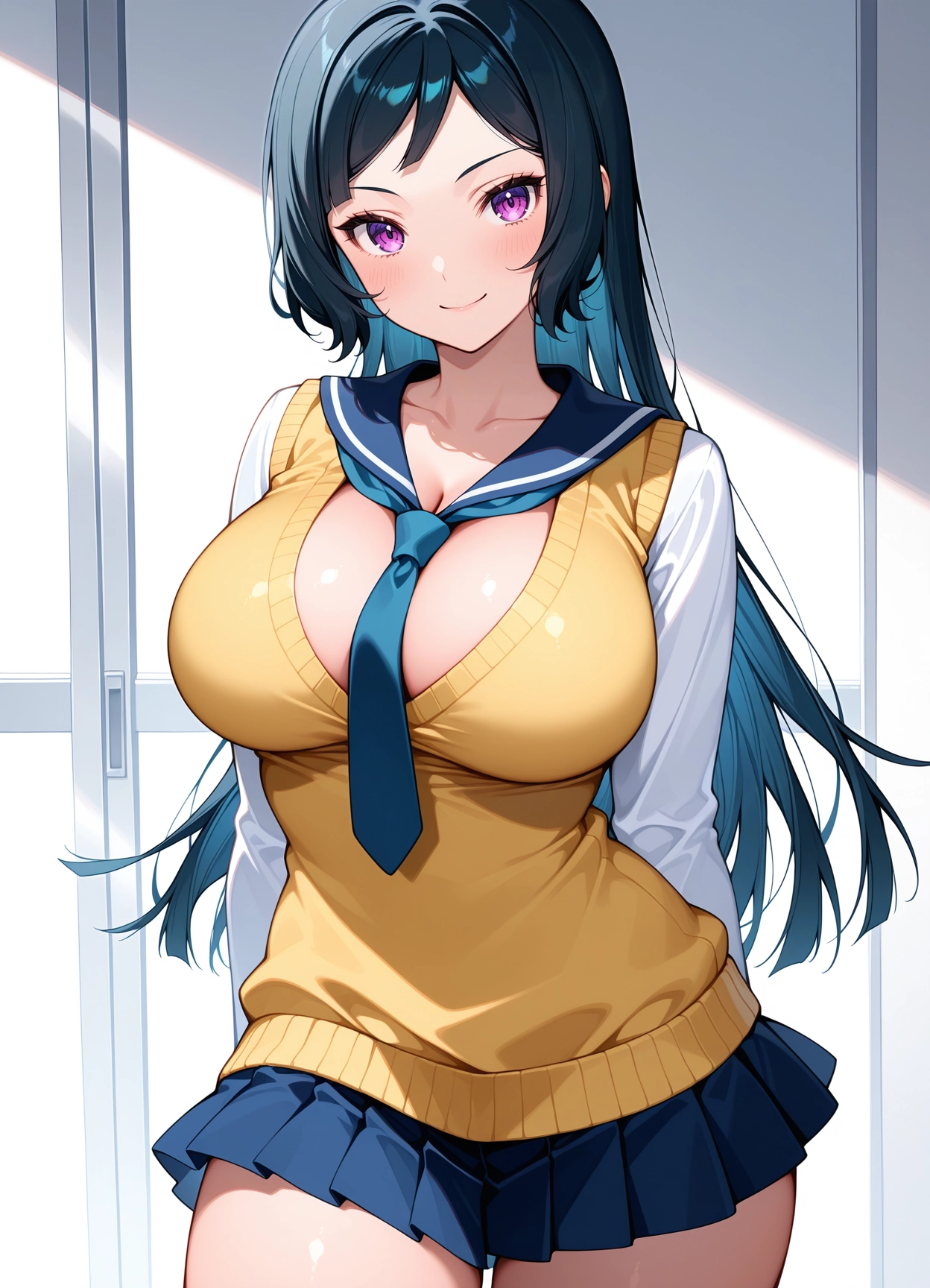 1girl, breasts, solo, large breasts, skirt, long hair