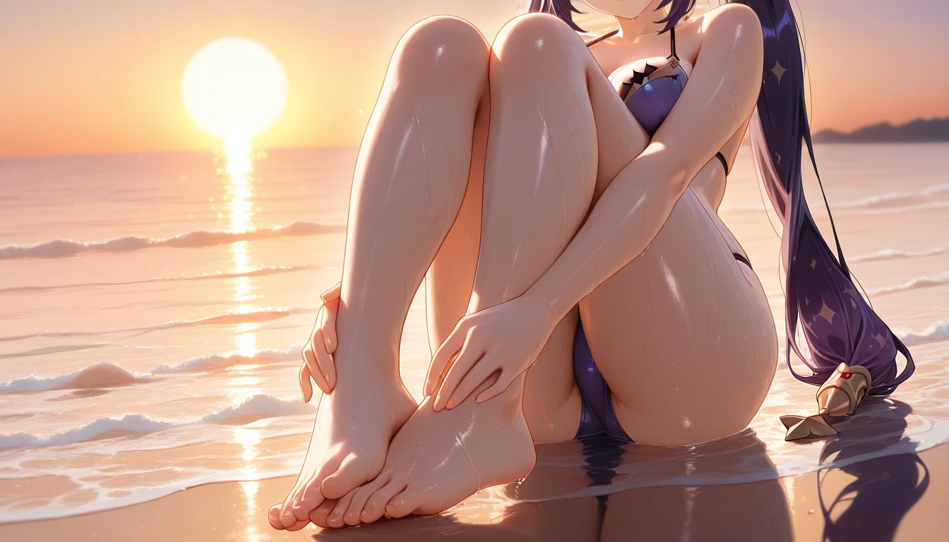 1girl, mona (genshin impact), swimsuit, barefoot, bikini, long hair