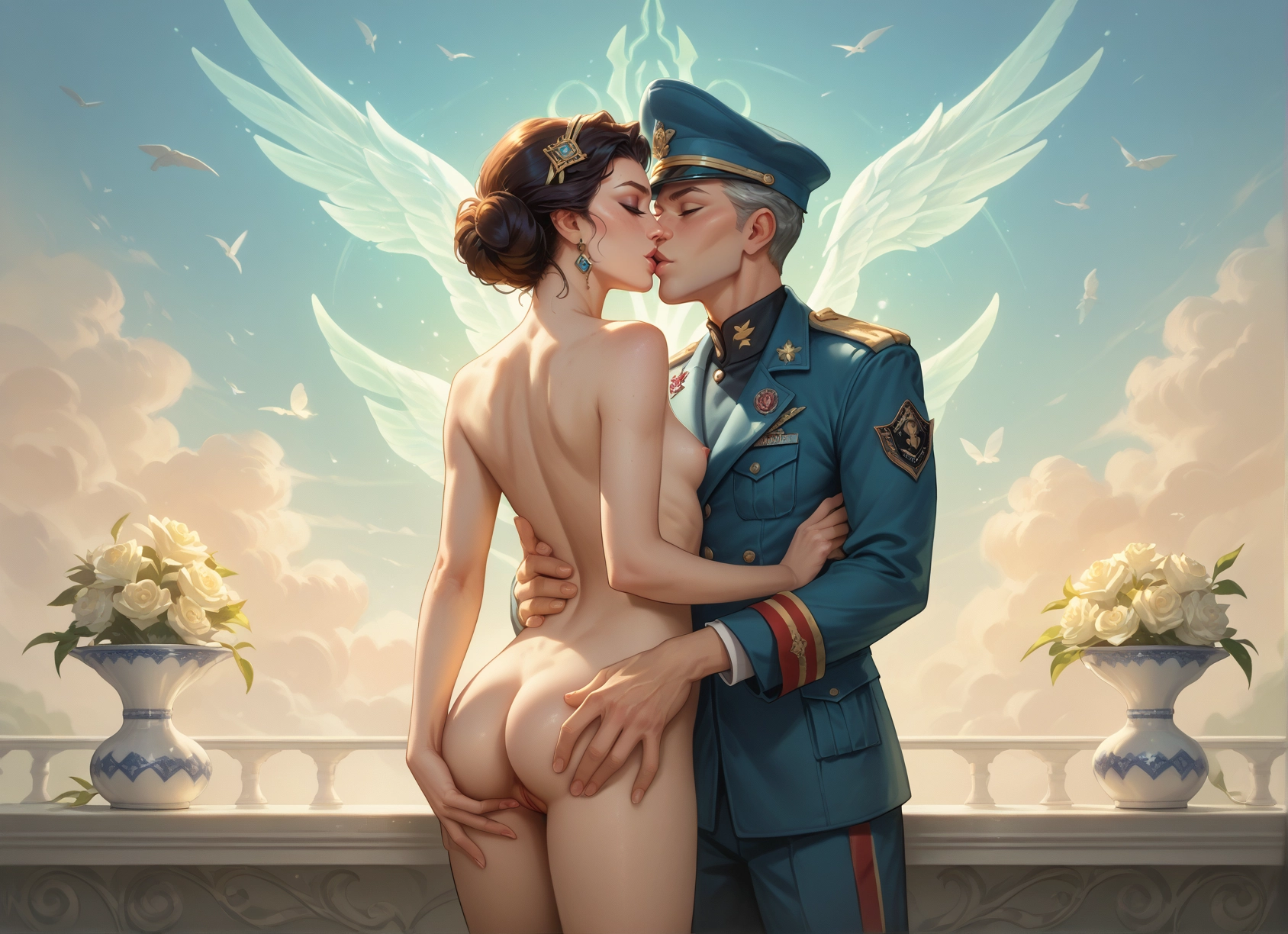 nude, 1girl, ass, breasts, 1boy, wings · Yamete.gg