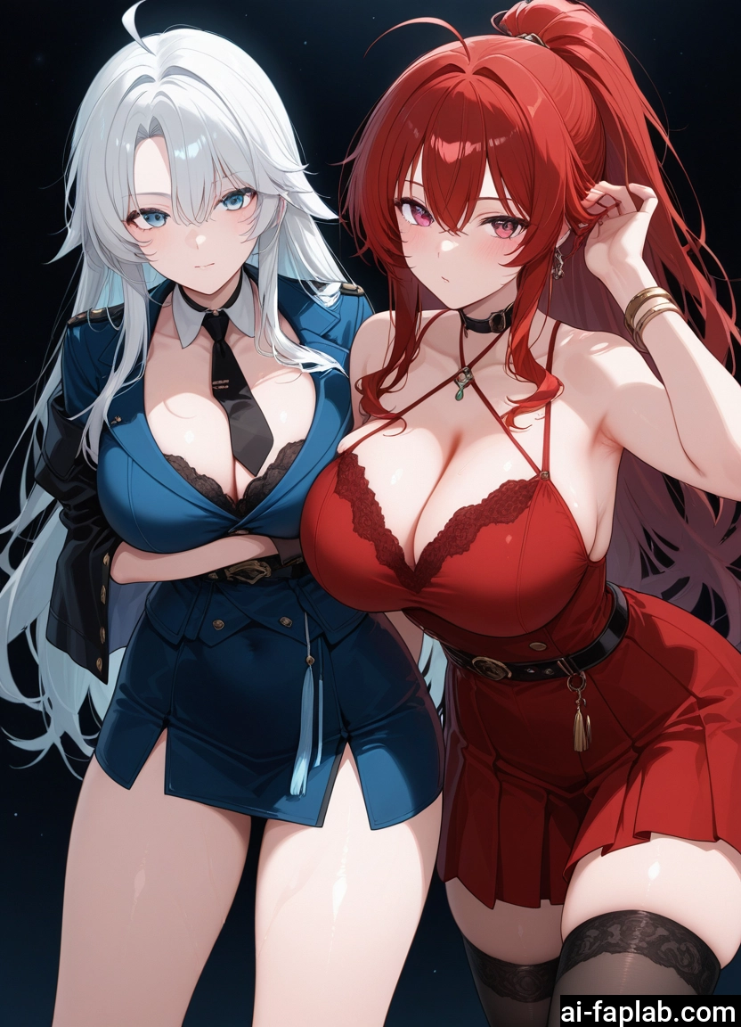 breasts, multiple girls, 2girls, dress, thighhighs, long hair · Yamete.gg
