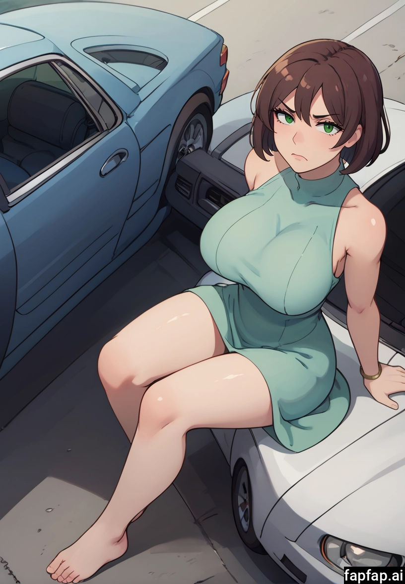 1girl, breasts, dress, motor vehicle, car, green eyes