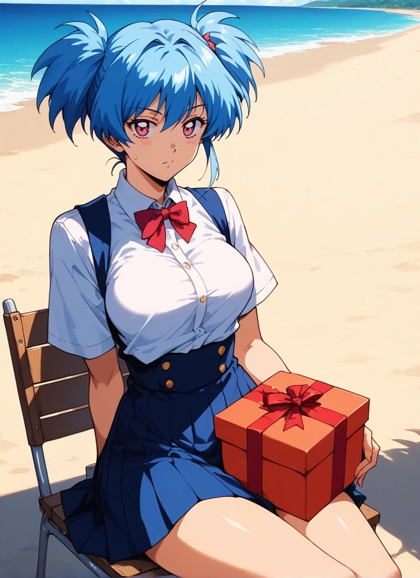 1girl, skirt, solo, beach, blue hair, breasts · Yamete.gg