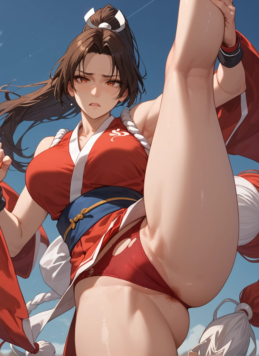 1girl, brown hair, underwear, panties, standing, standing split · Yamete.gg