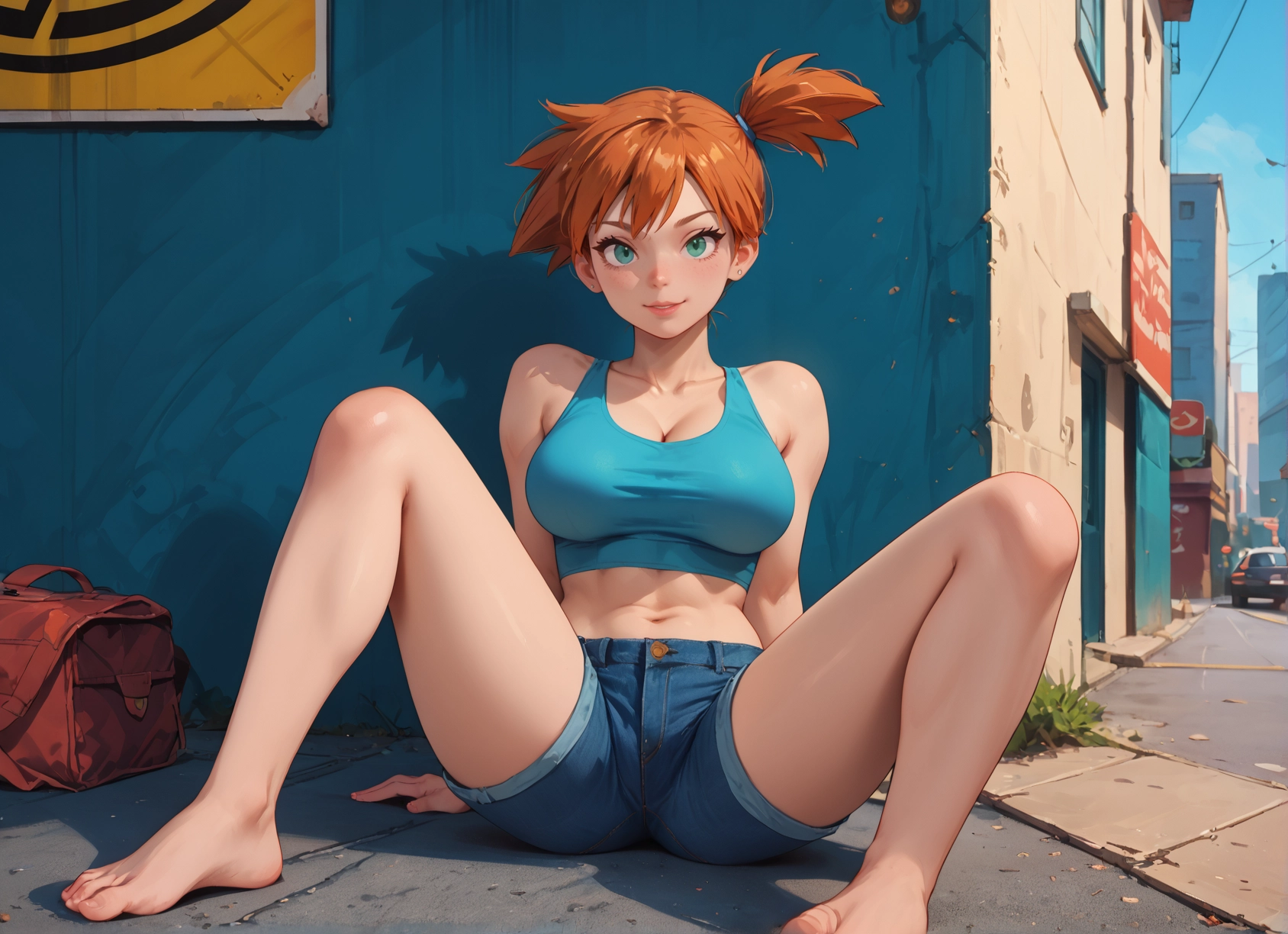 1girl, breasts, shorts, barefoot, orange hair, side ponytail · Yamete.gg
