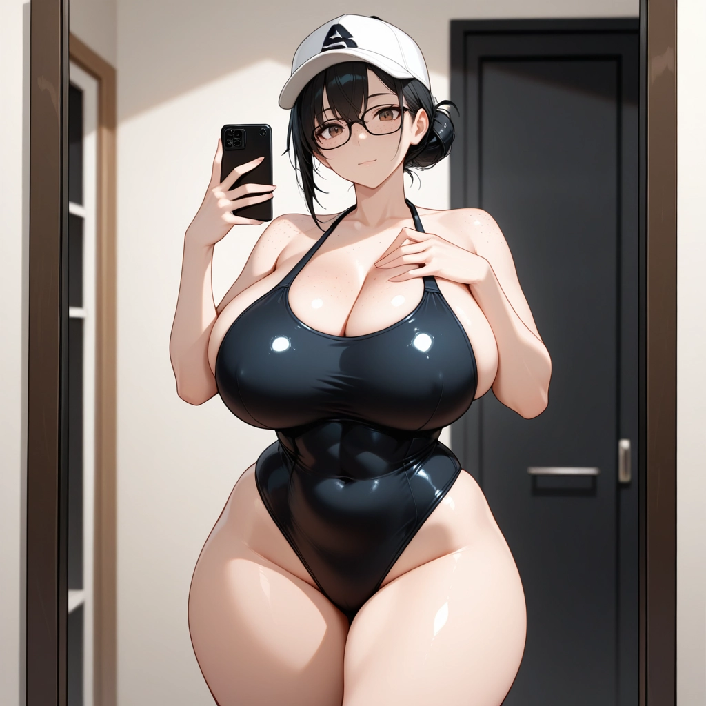 1girl, breasts, swimsuit, one-piece swimsuit, solo, phone