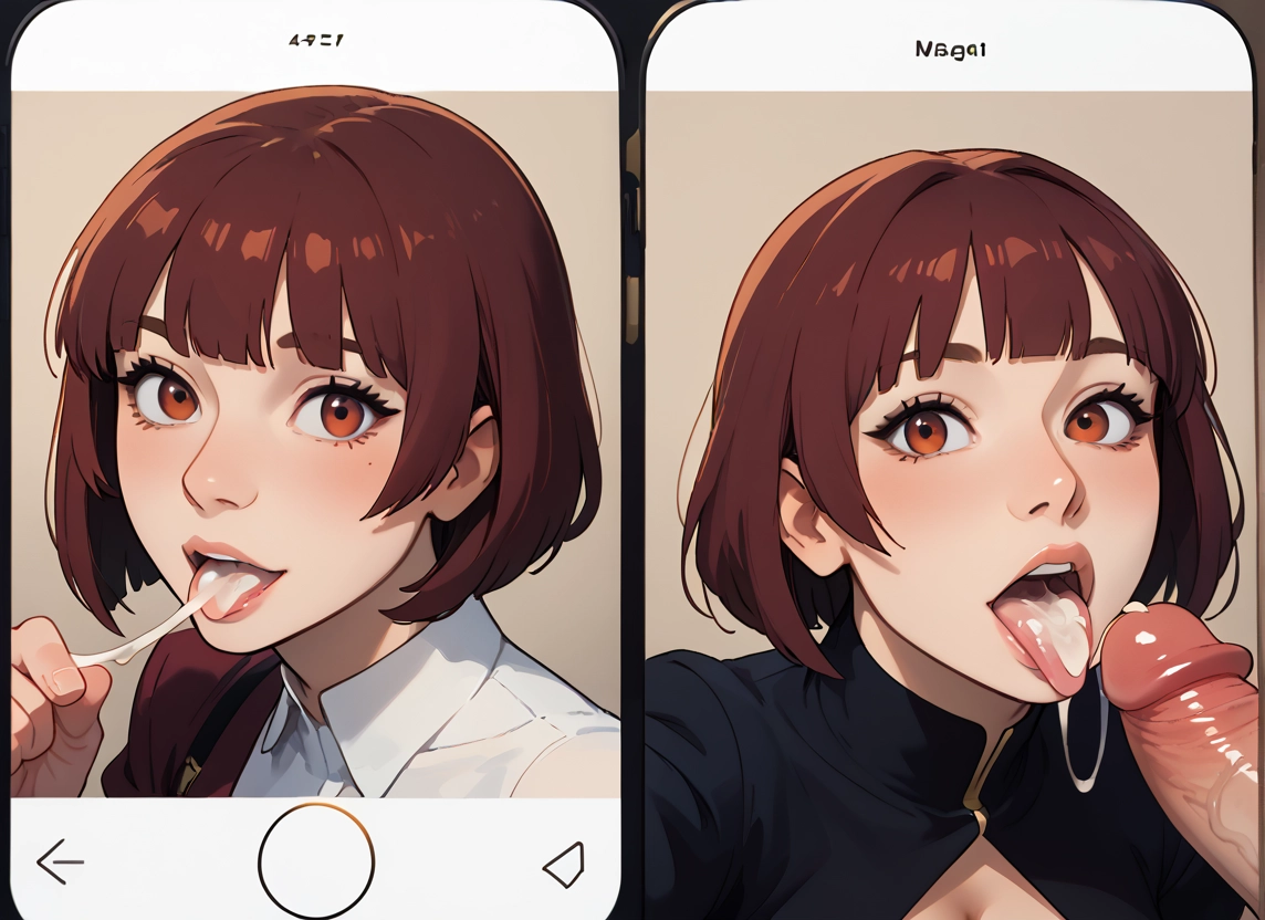 penis, 1girl, cum, hetero, brown hair, cum in mouth · Yamete.gg