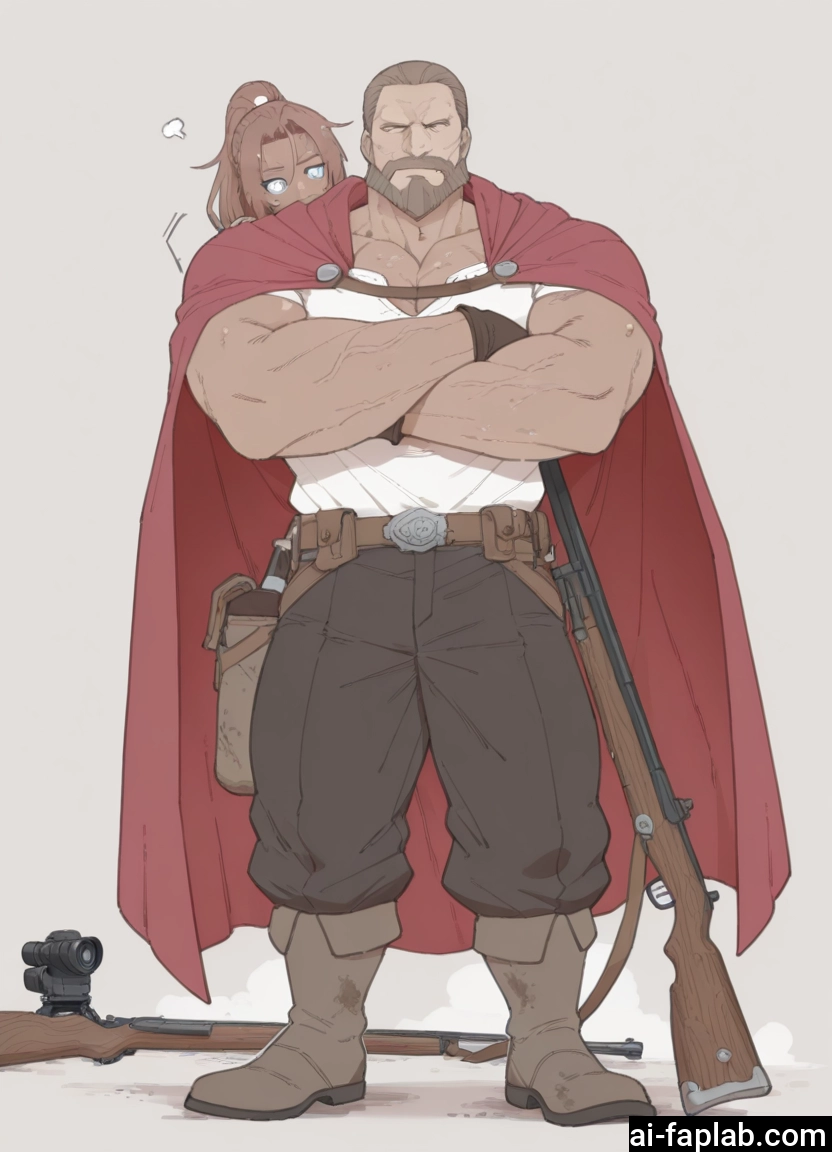 bara, weapon, gun, muscular, facial hair, male focus