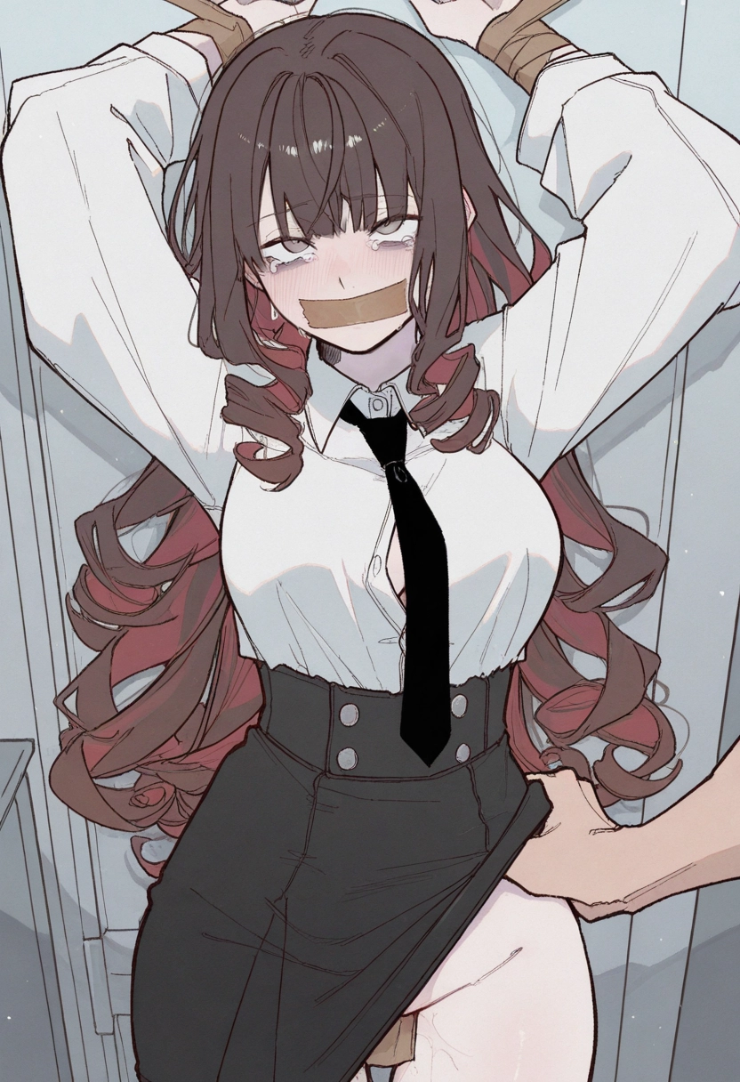 1girl, tape, skirt, shirt, necktie, long hair