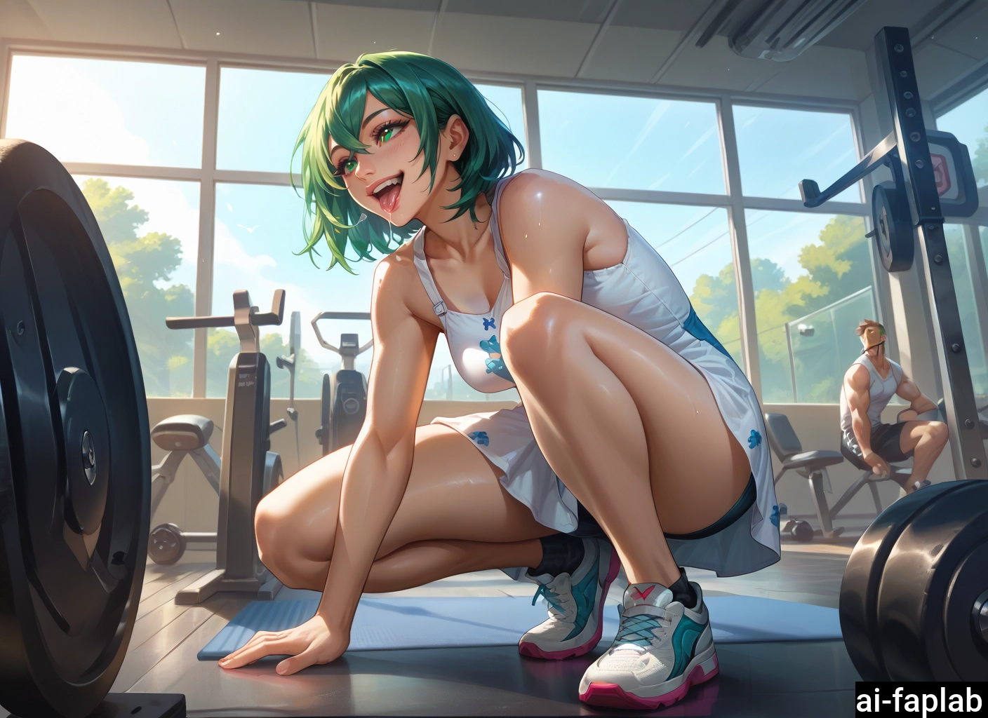 1girl, green hair, green eyes, sweat, breasts, 1boy · Yamete.gg