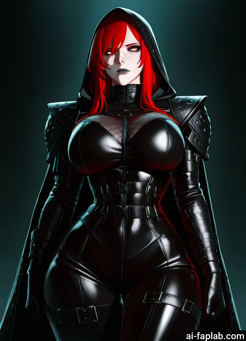 1girl, breasts, red hair, bodysuit, hood, solo · Yamete.gg
