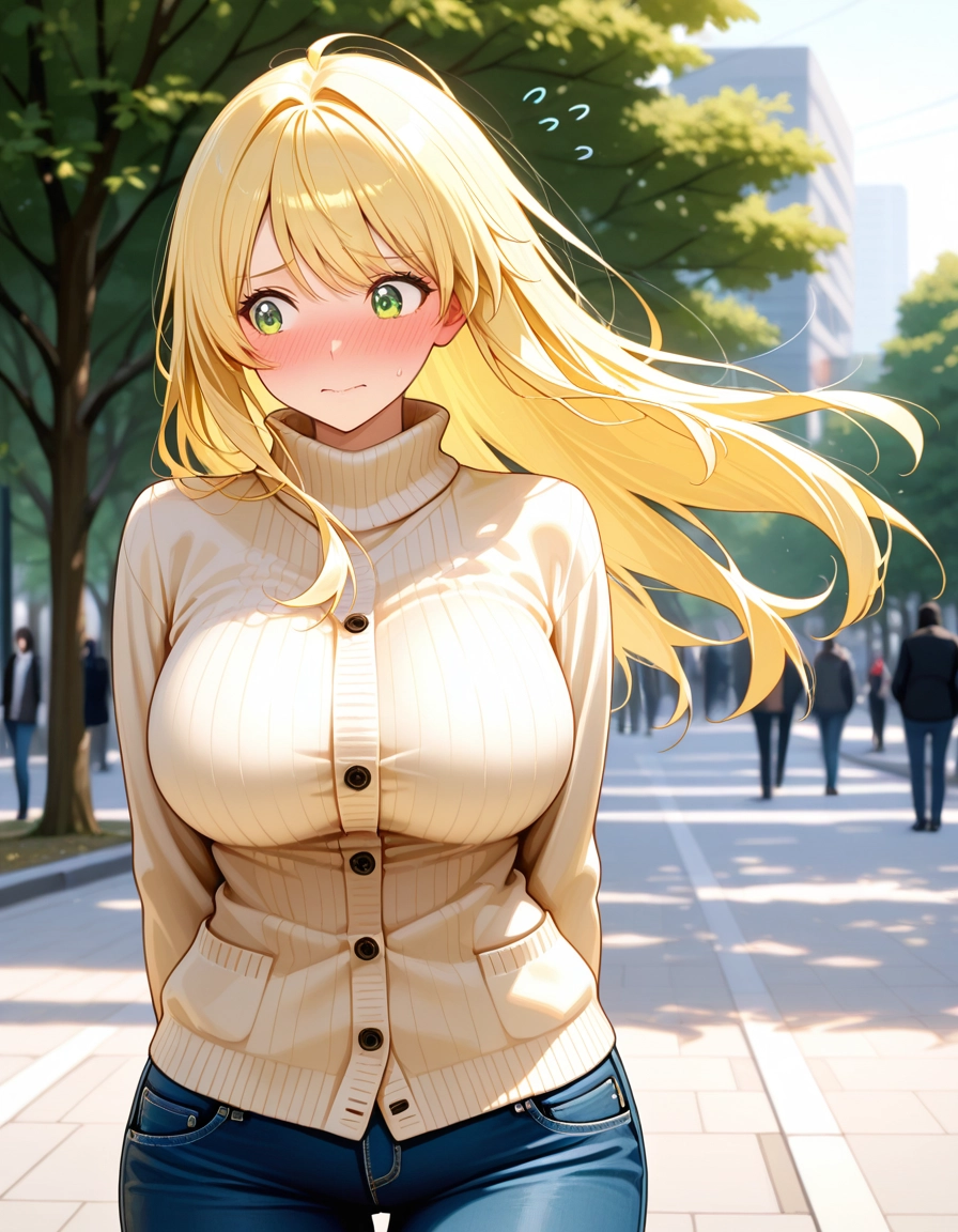 breasts, blush, blonde hair, green eyes, long hair, outdoors · Yamete.gg