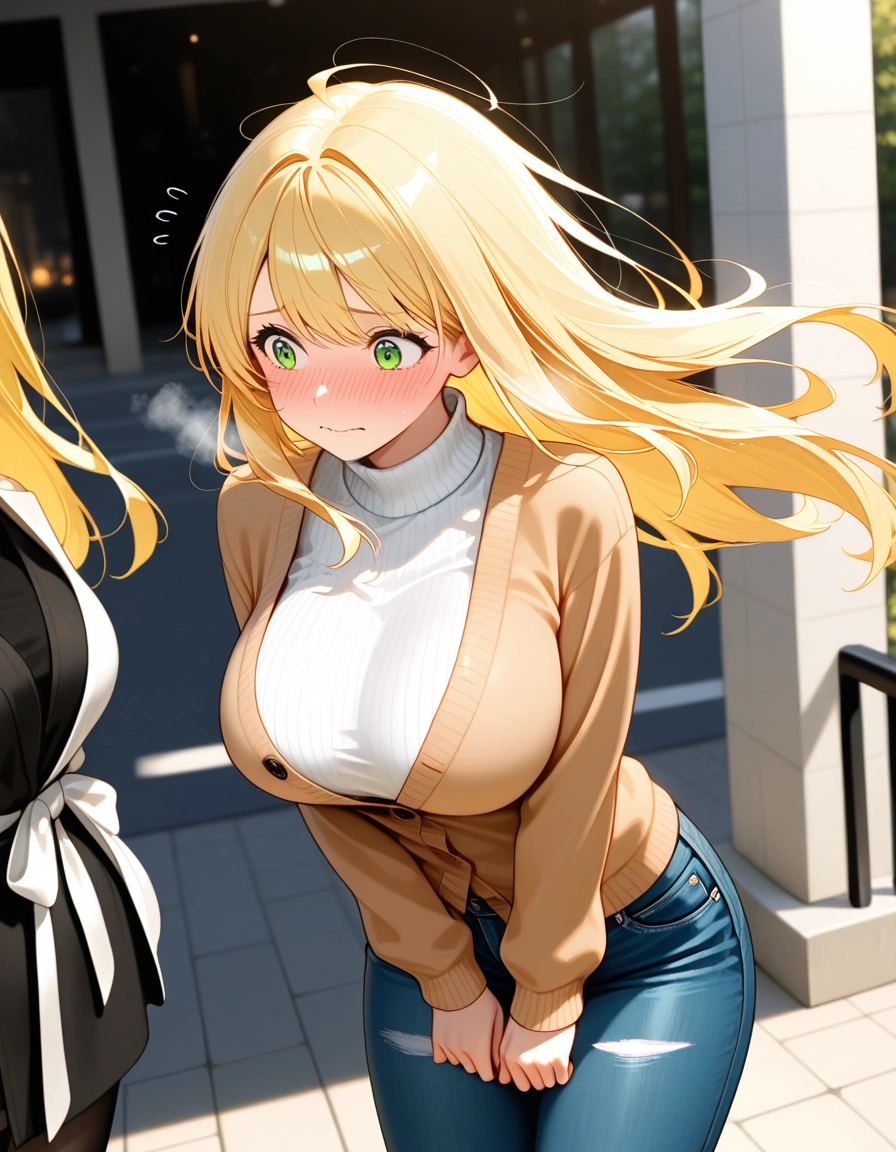 breasts, blonde hair, blush, large breasts, denim, jeans · Yamete.gg