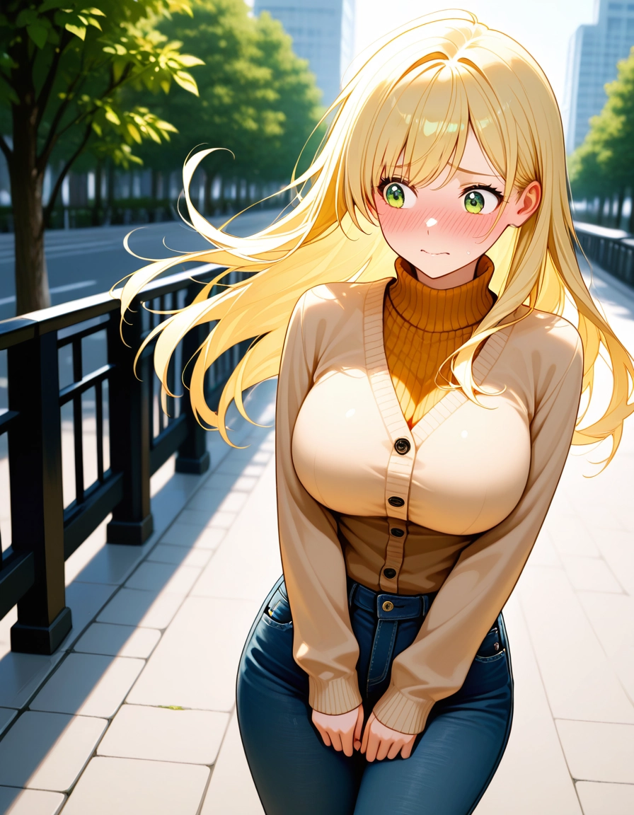 1girl, blonde hair, long hair, breasts, green eyes, denim · Yamete.gg